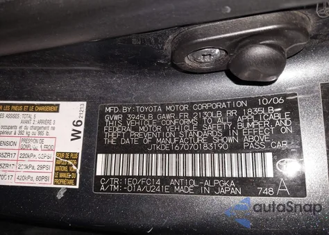 2007 Scion Tc z USA, uszkodzony, nr VIN JTKDE167070183190